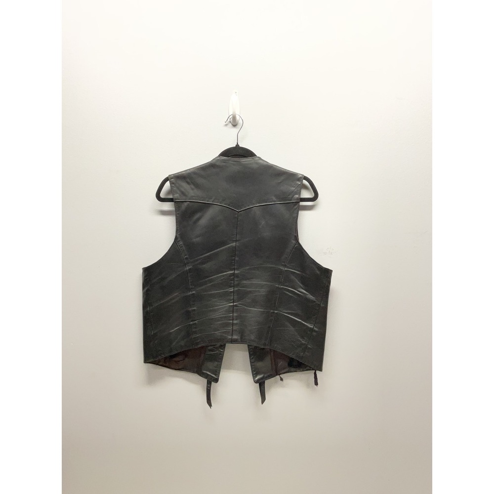 Vintage Black Leather Western Concho Fringe Vest  Size 42 Biker - Picture 2 of 5